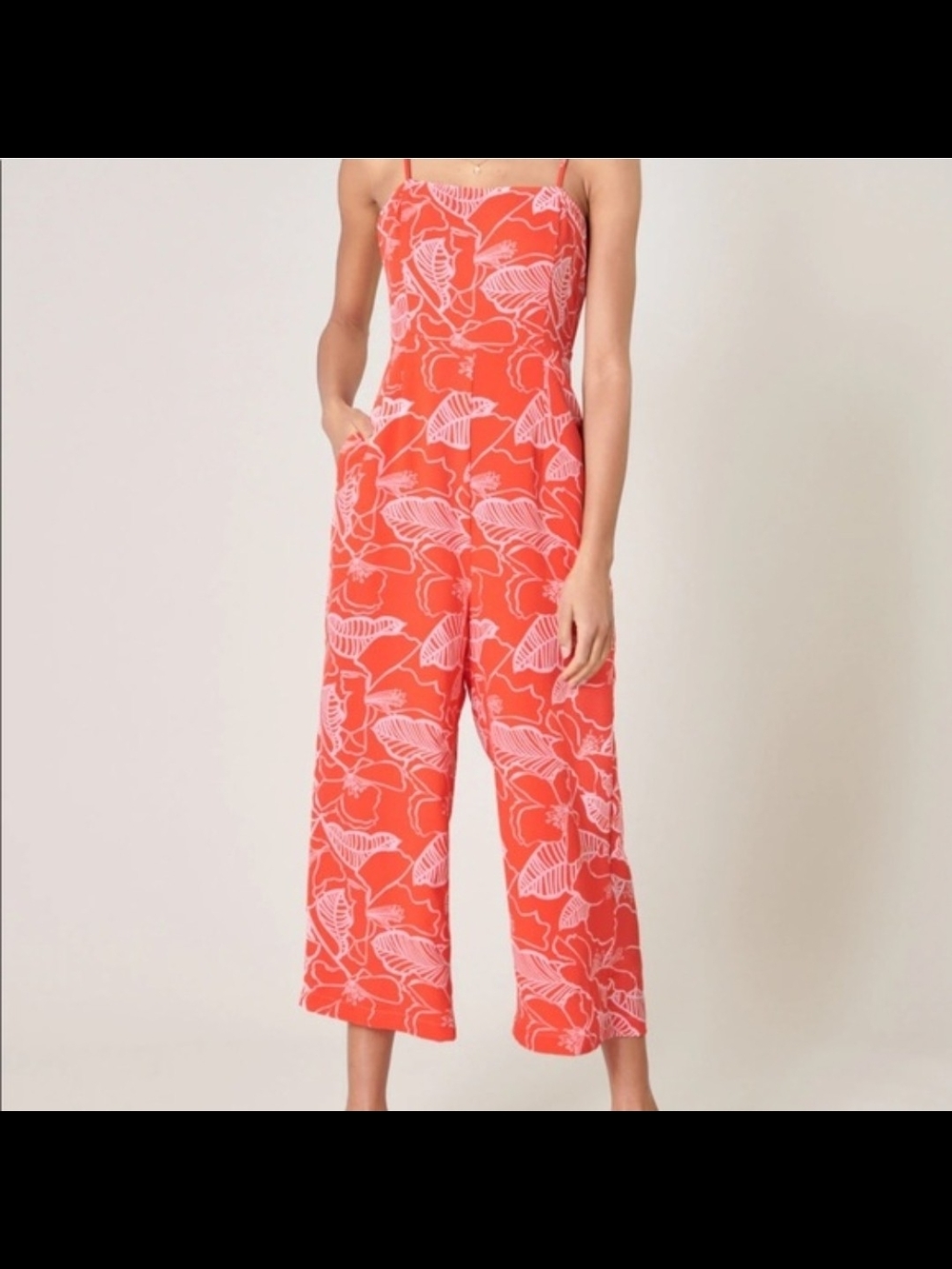 Sugarlips Coral Pink Tropical Leaf Cropped Wide-Leg Jumpsuit